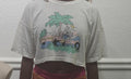 Vintage 90s Girl On The Beach Palm Tree Moped white CropTop T Shirt modeled size M Graphic Tee – Feel-Good Design · Trending Graphic Apparel