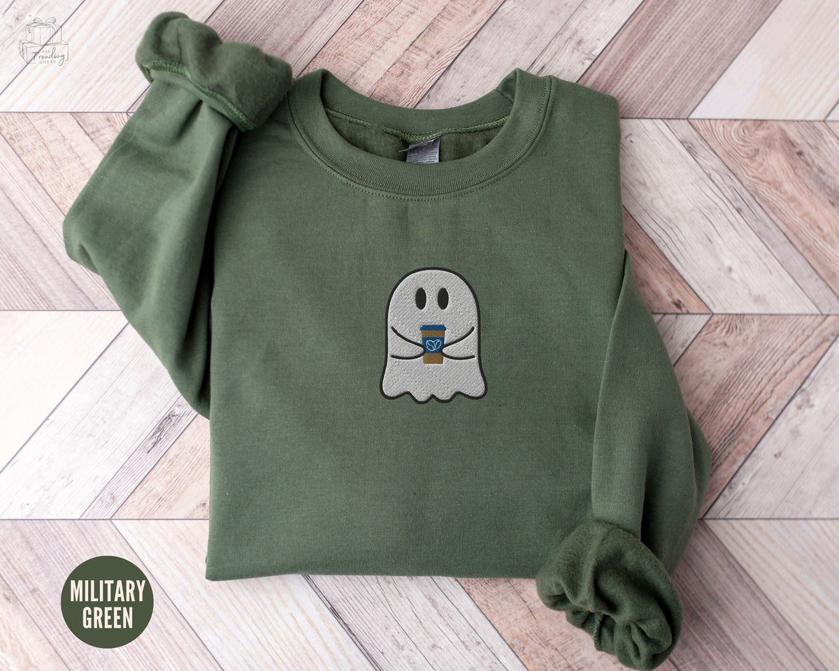 Embroidered Ghost With Coffee Sweatshirt Halloween Coffee Lovers Gift Cute Ghost Shirt Little Ghost Crewneck Ghost Sweater Sweatshirt – Feel-Good Design · Great Gift For Fans
