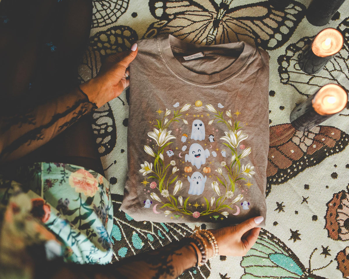 Whimsigoth Ghost Tee Shirt with Flowers Funny Halloween TShirt with Vintage Aesthetic Silly Boho Luna Moth Shirt Pastel Goth 90s Vibe Graphic Tee – Fan Favorite · High-Quality Print