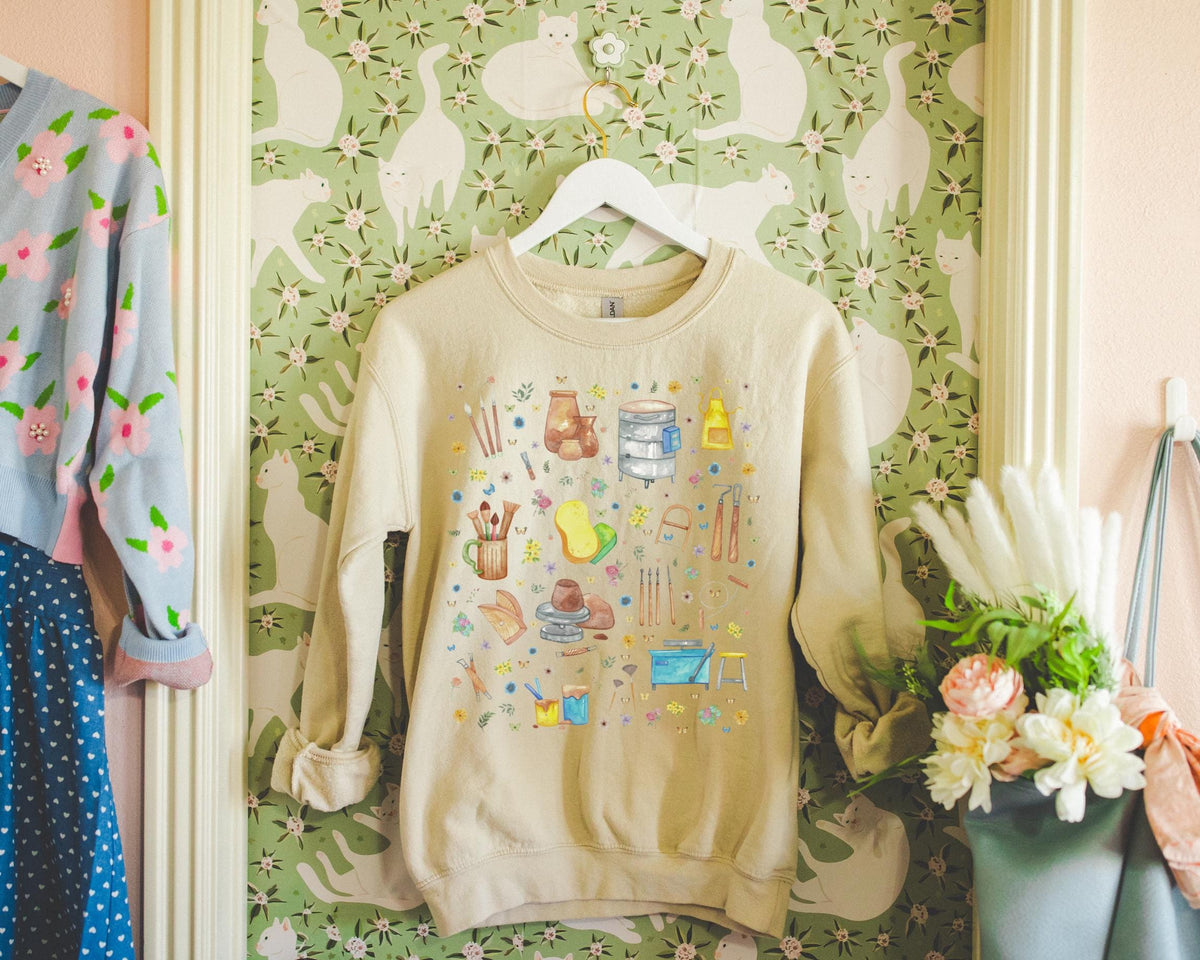 Cute Pottery Sweatshirt for Ceramic Artist Boho Whimsigoth Crewneck for Friend Who Loves Pottery High School Art Teacher Gift with Flowers Sweatshirt – Premium Graphic · Great Gift For Fans
