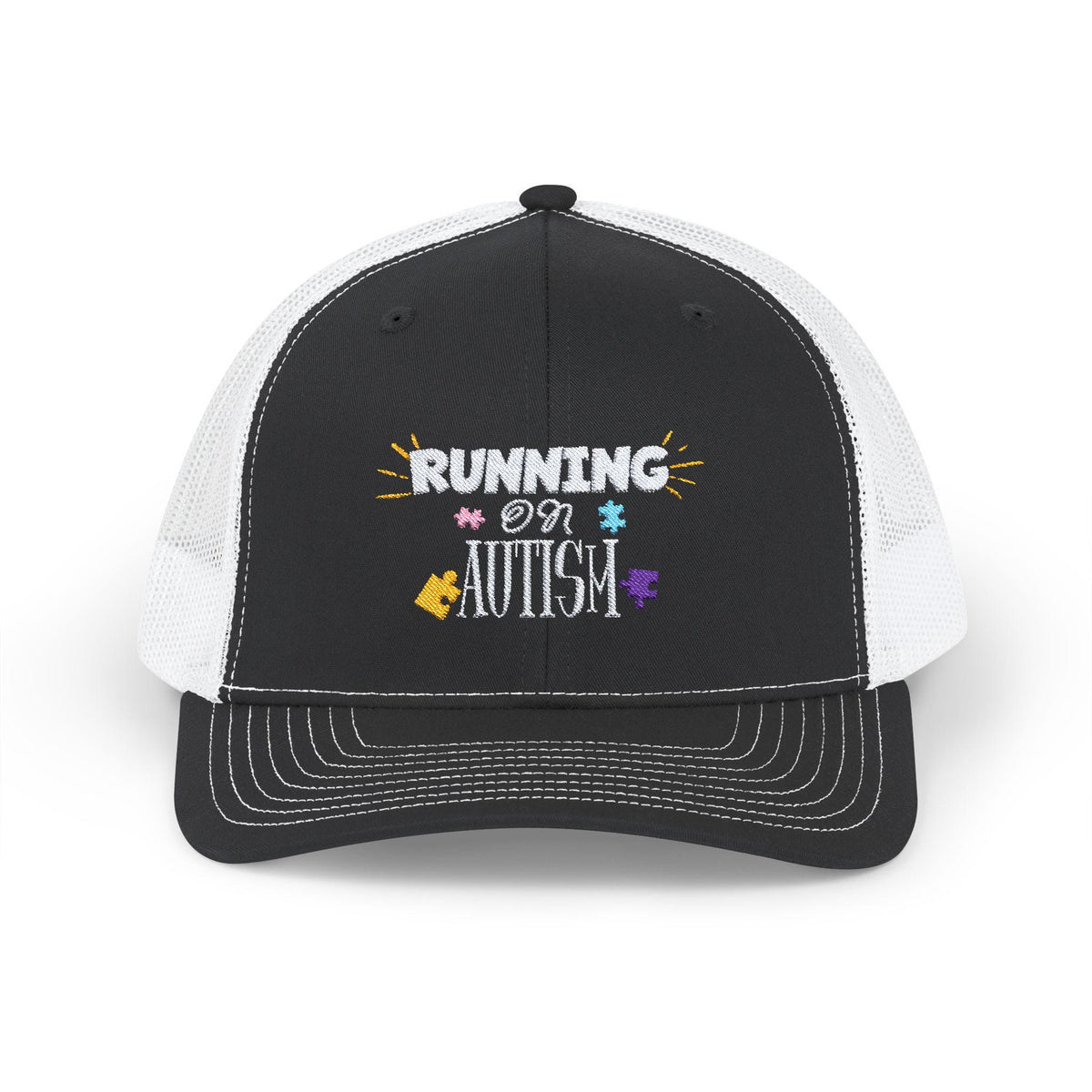 Running on Autism Snap back Trucker hat Autism Awareness Hat Autistic Children Autistic Adults Gift for Autistics Beach Trucker hat Graphic Tee – Warm & Stylish · High-Quality Print