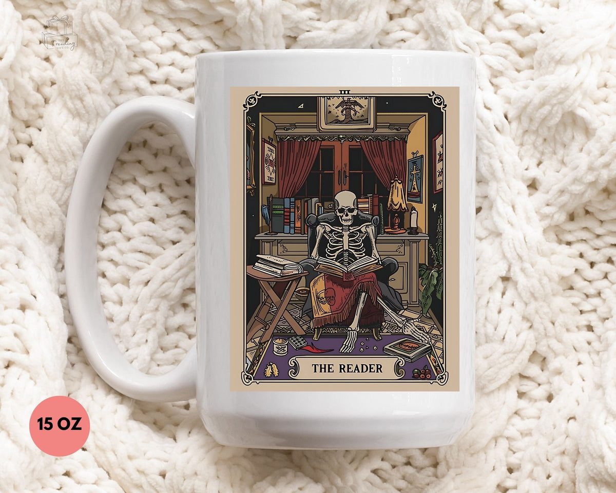 The Reader Tarot Skeleton Reading Mug Girly Bookish Gift Romance Reader Coffee Mug Cute Book Lovers Gift Bookworm Tea Cup Spicy Books Graphic Tee – Easygoing Wear · High-Quality Print