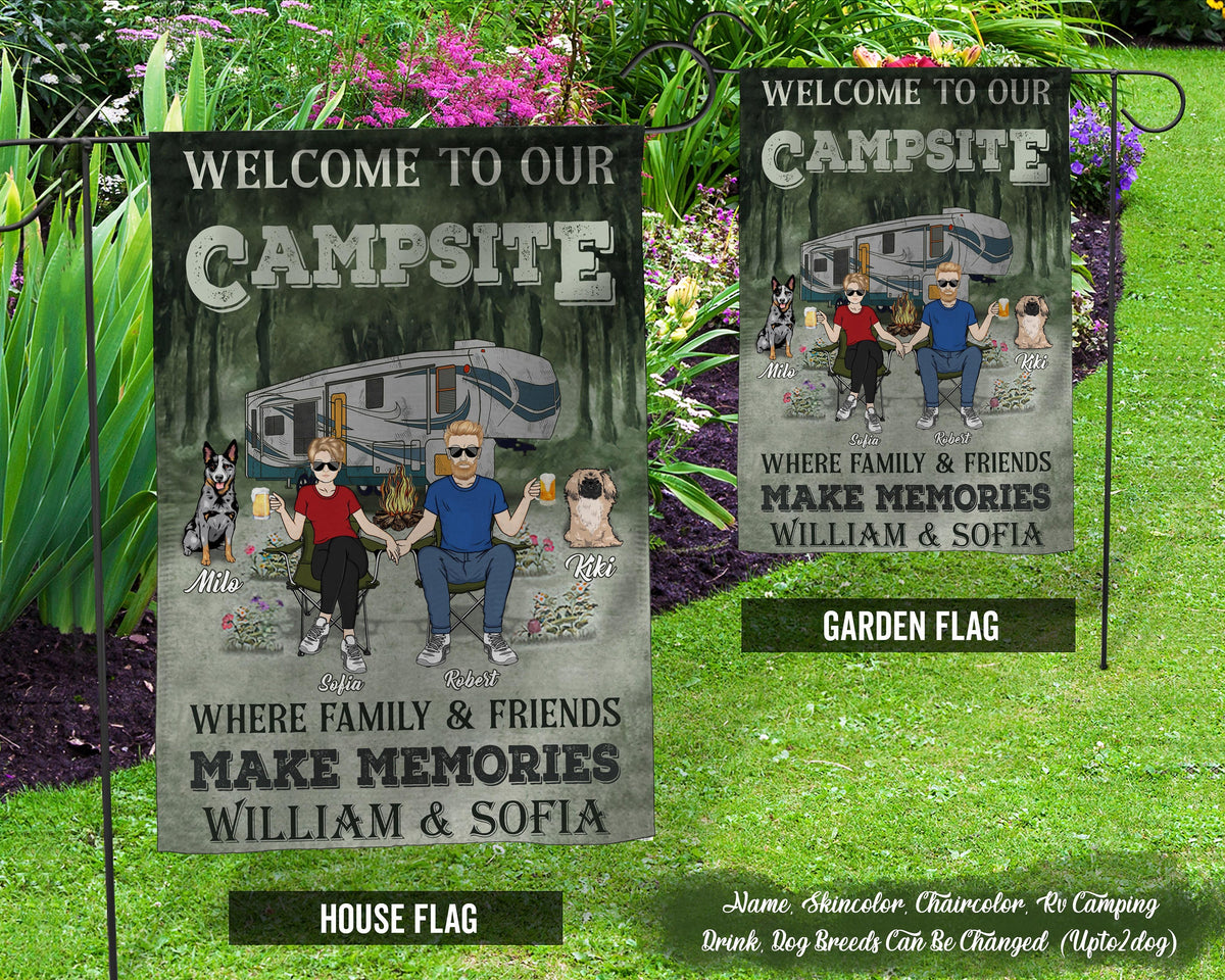 Camping Flags Camping Couple Welcome To Our Campsite Gift For Dog Lovers Personalized Custom Flag For Camper Camping Decor Graphic Tee – Warm & Stylish · Great Gift For Fans