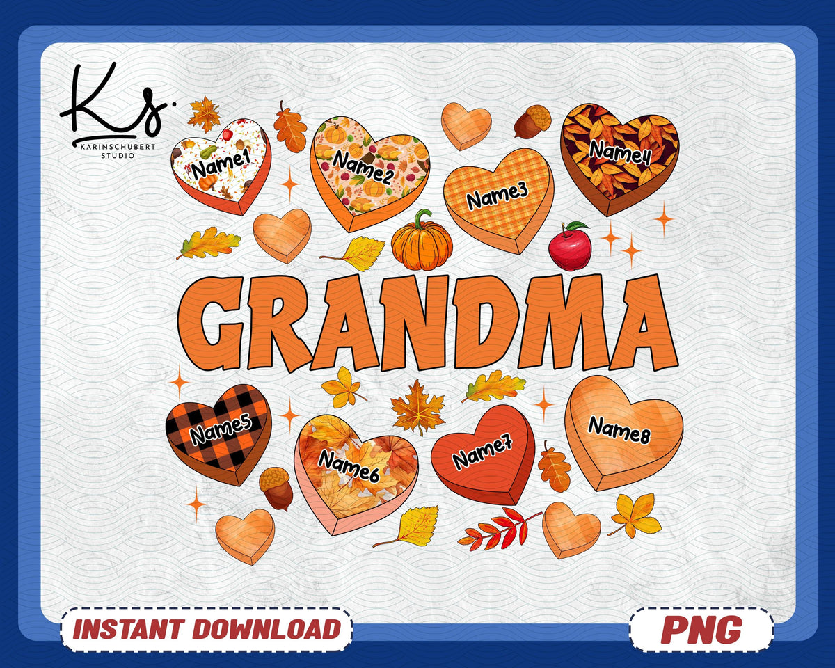 Fall Grandma Auntie Mom Candy Heart Png Custom Name Heart Pumpkins Png Thanksgiving Heart Grandma Mom Nana Mama Png Fall Season Png Graphic Tee – Premium Graphic · Top Pick For Any Outfit
