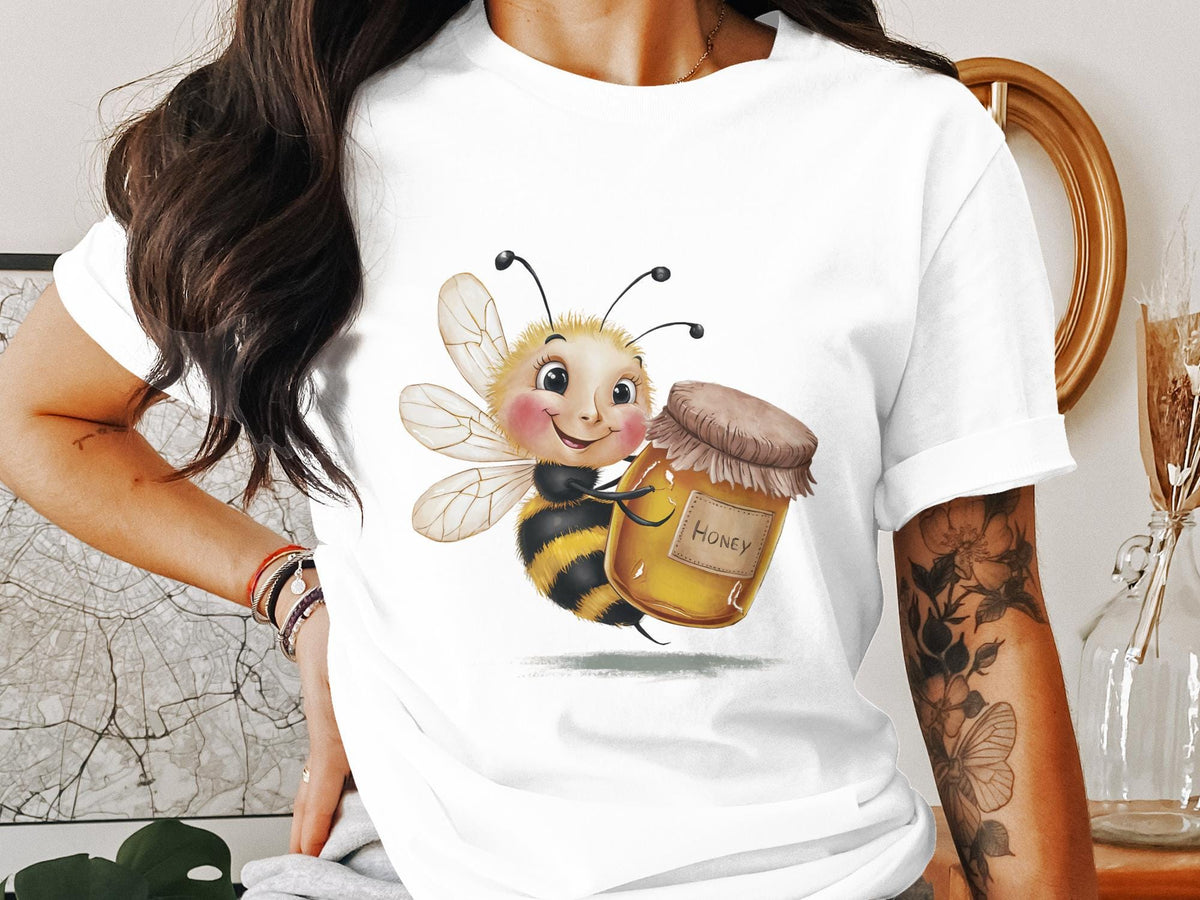 Funny Bee T Shirt for Women Ladyfit Cute Cartoon Bee with Honey Jar Perfect Gift Graphic Tee – Cozy Vibes · Great Gift For Fans