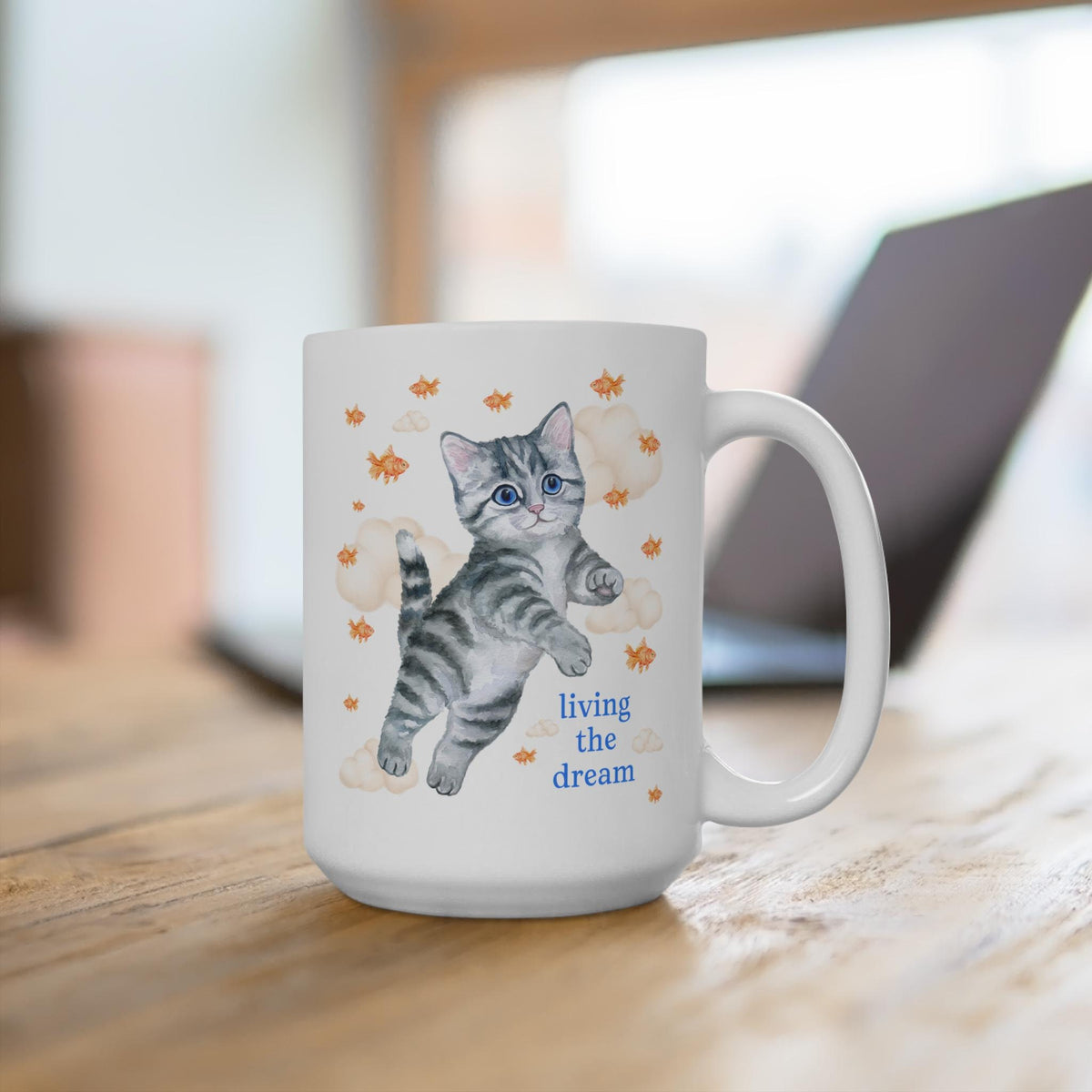 Funny Cat Lover 15 Oz Mug with Cute Watercolor Goldfish Living the Dream Silly Weirdcore Coffee Mug Silly Friend Gift Boho Y2K Aesthetic Graphic Tee – Fan Favorite · Top Pick For Any Outfit