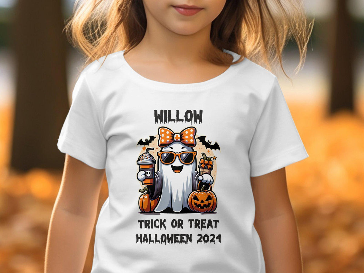 Girls Personalized Halloween TShirt Cute Ghost TShirt Trick or Treat Halloween 2024 Custom Name Halloween Shirt Graphic Tee – Everyday Comfort · High-Quality Print