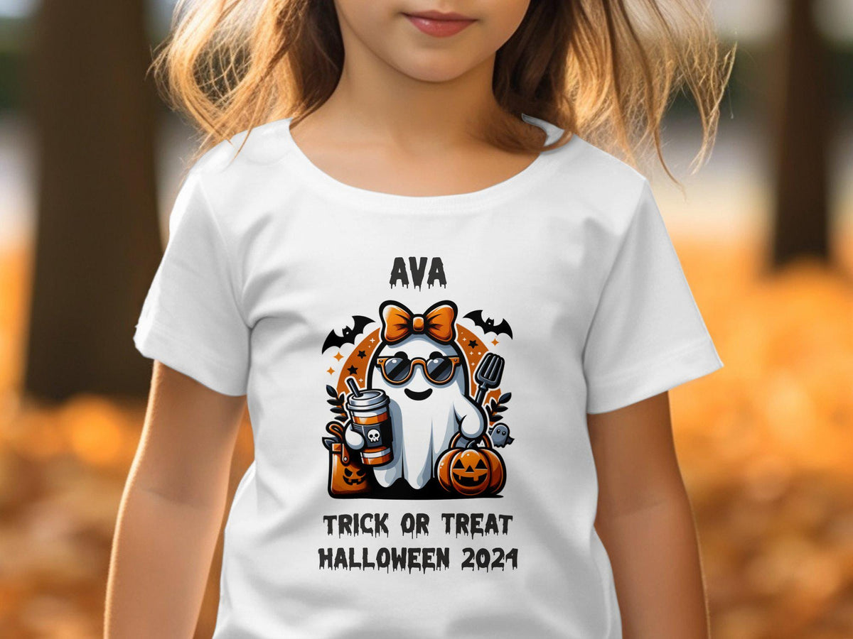 Girls Personalized Halloween TShirt Cute Ghost Trick or Treat Design Custom Name Option Perfect Halloween Gift for Girls Fun and Spooky Graphic Tee – Premium Graphic · Great Gift For Fans