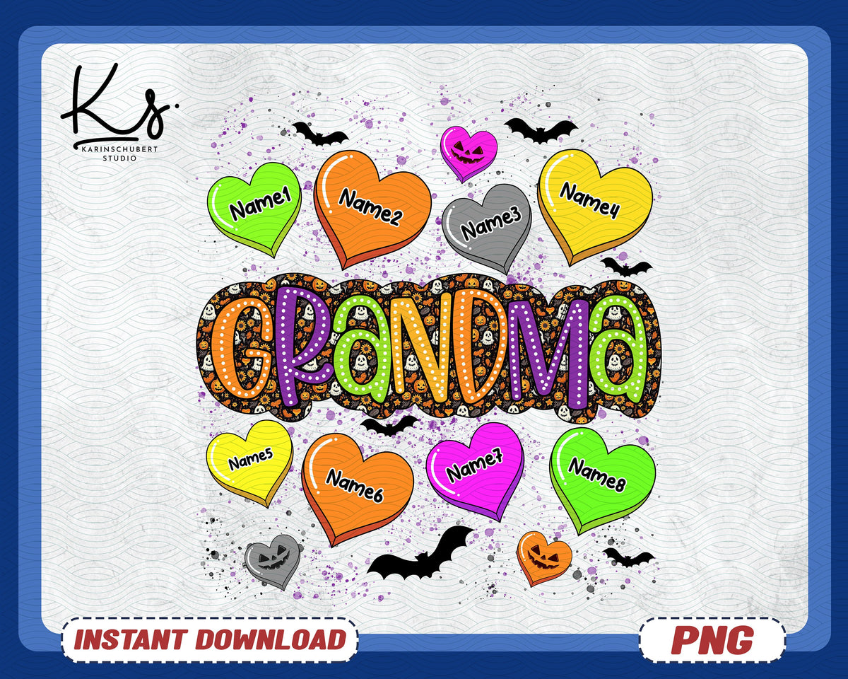 Halloween Grandma Auntie Mom Candy Heart Kids Name Png Retro Halloween Png Spooky Vibes Pnghalloween Shirt Design Pumpkin Season Png Graphic Tee – Easygoing Wear · High-Quality Print