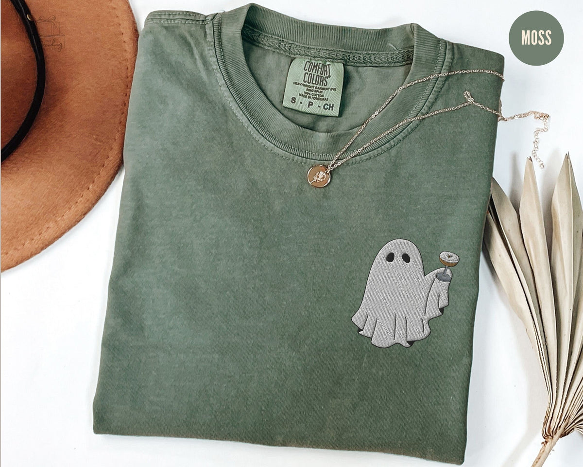 Embroidered Ghost with Martini Shirt Halloween Coffee Lovers Gift Espresso Martini Cocktail Tshirt Little Comfort Colors Ghost Alcoholic Graphic Tee – Soft Feel · Great Gift For Fans