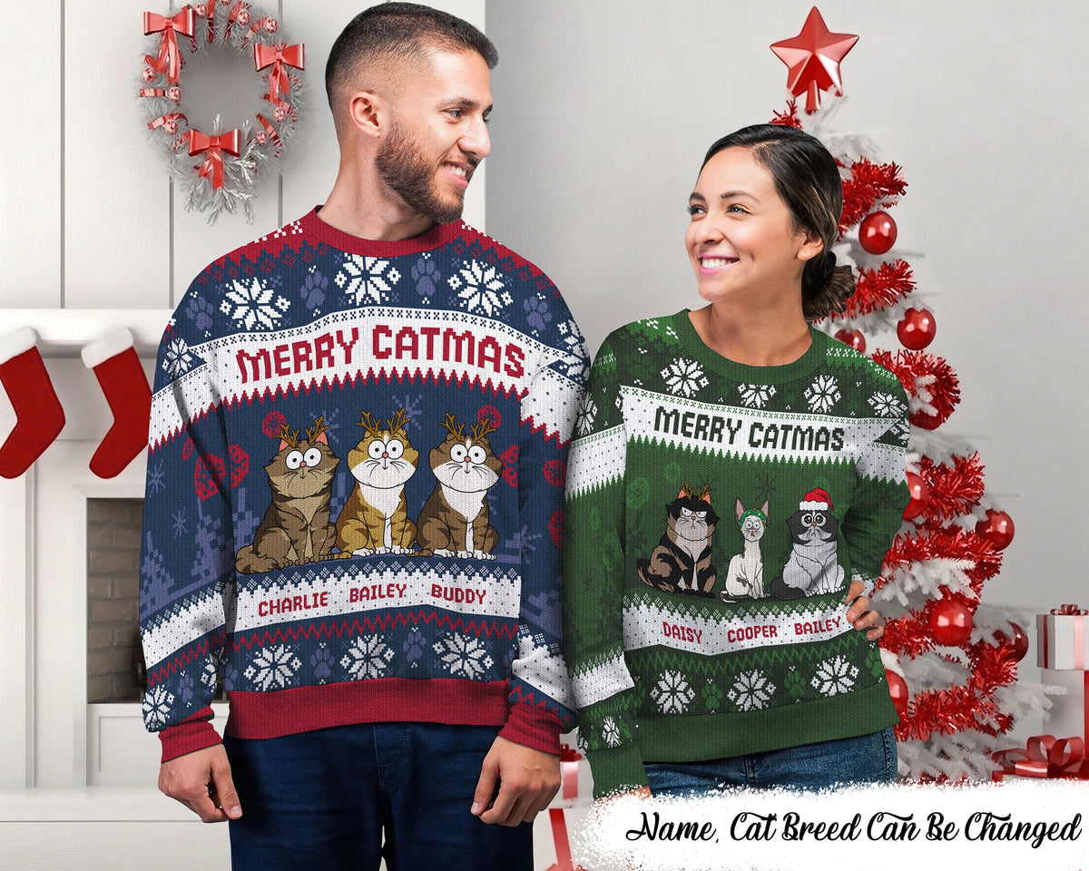 Meowy Catmas Funny Cartoon Cats Christmas Gift For Cat Lovers Cat Moms Cat Dads Personalized Unisex Ugly Sweater Funny Cat Owners Gifts Graphic Tee – Everyday Comfort · High-Quality Print