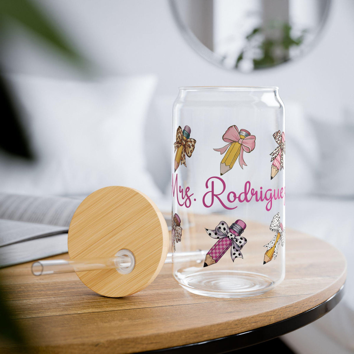 Personalized Coffee Cup Teacher Bows Coffee Glass Glass Cup Iced Coffee cup Glass Tumbler coquette teacher Custom Name tumbler Graphic Tee – Soft Feel · Perfect For Daily Wear