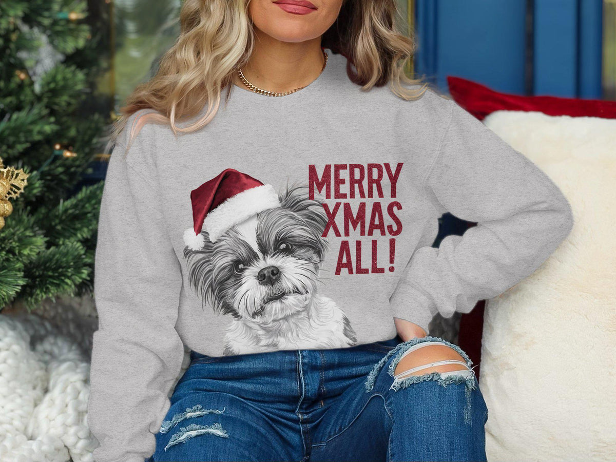 Xmas Sweater Christmas Sweatshirt Shih Tzu Dog Santa Hat Dog Lover Gifts Pet Christmas Shirt Holiday Season Merry Xmas Jumper Sweatshirt – Premium Graphic · Must-Have Style