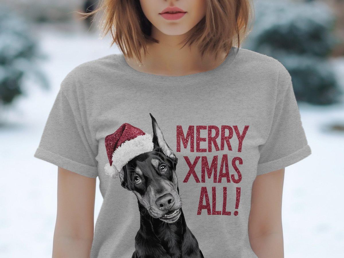 Xmas TShirt Christmas T Shirt Doberman Pinscher Dog Santa Hat Dog Lover Gifts Pet Christmas Shirt Holiday Season Merry Xmas TShirt Graphic Tee – Soft Feel · Perfect For Daily Wear