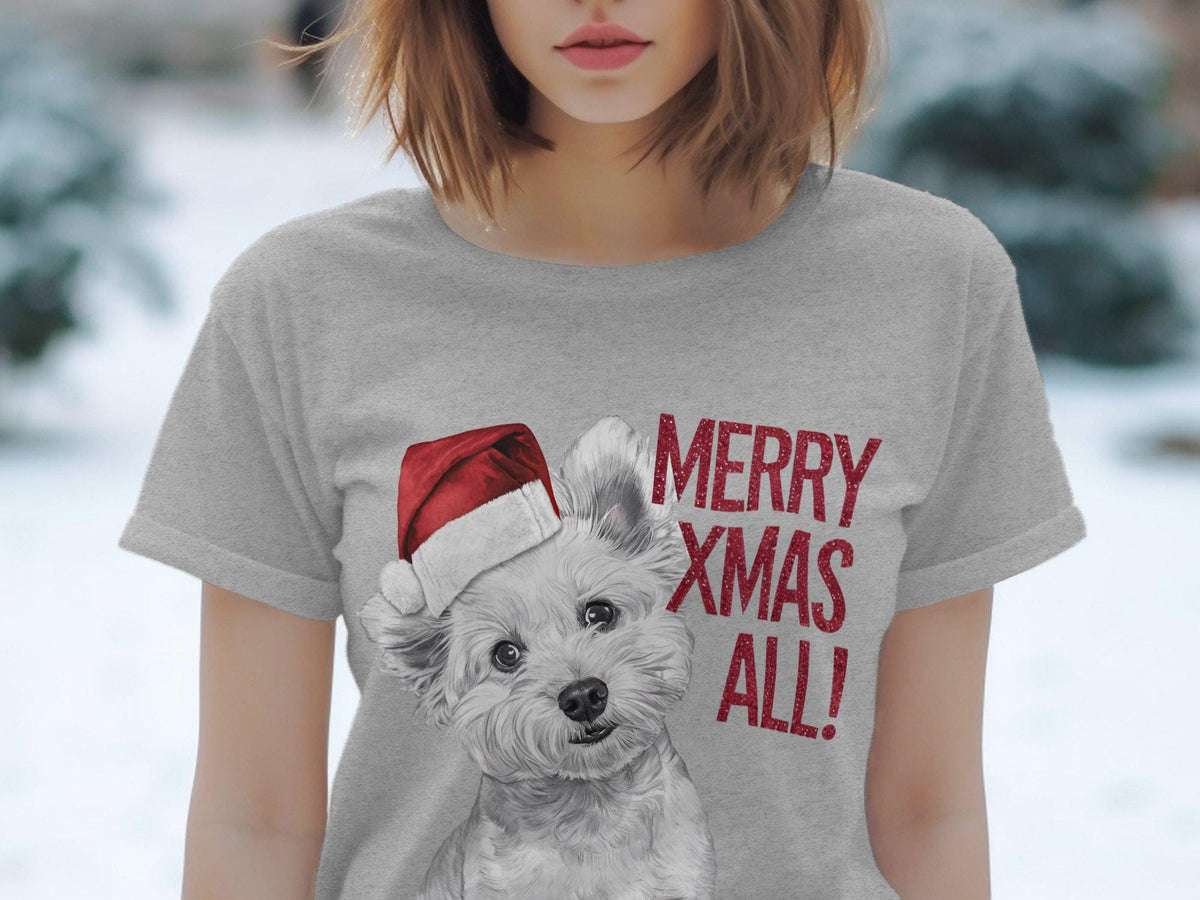 Xmas TShirt Christmas T Shirt Bichon Frise Dog Santa Hat Dog Lover Gifts Pet Christmas Shirt Holiday Season Merry Xmas TShirt Graphic Tee – Premium Graphic · Perfect For Daily Wear