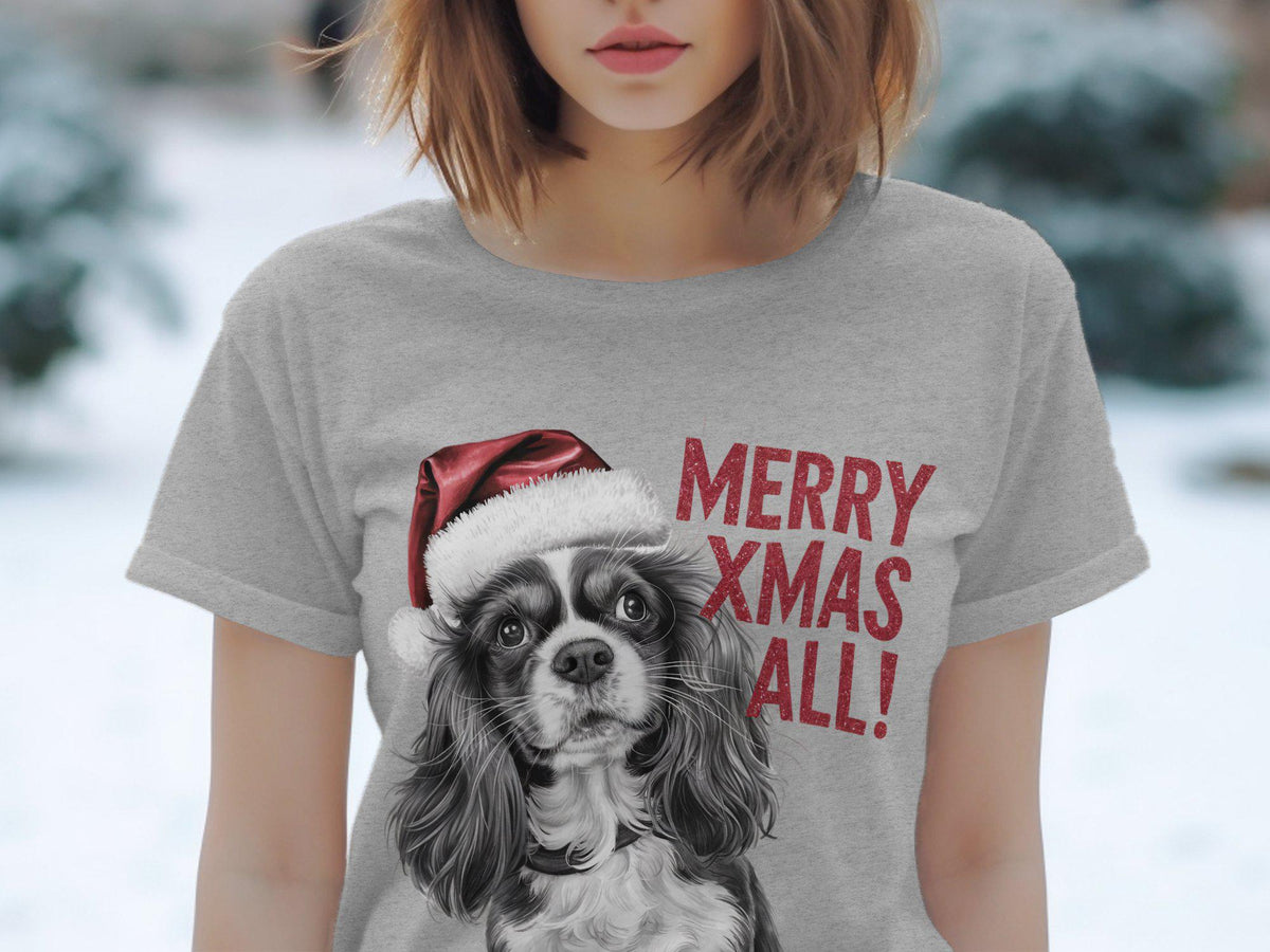 Xmas TShirt Christmas T Shirt Cavalier King Charles Spaniel Dog Santa Hat Dog Lover Gifts Pet Christmas Shirt Holiday Season Xmas TShirt Graphic Tee – Soft Feel · Perfect For Daily Wear