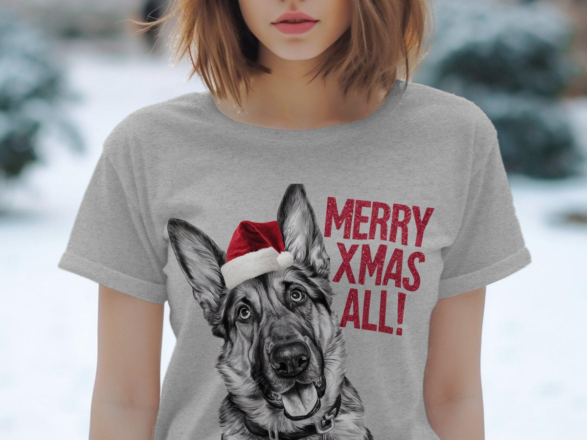 Xmas TShirt Christmas T Shirt German Shepherd Dog Santa Hat Dog Lover Gifts Pet Christmas Shirt Holiday Season Merry Xmas TShirt Graphic Tee – Everyday Comfort · Great Gift For Fans