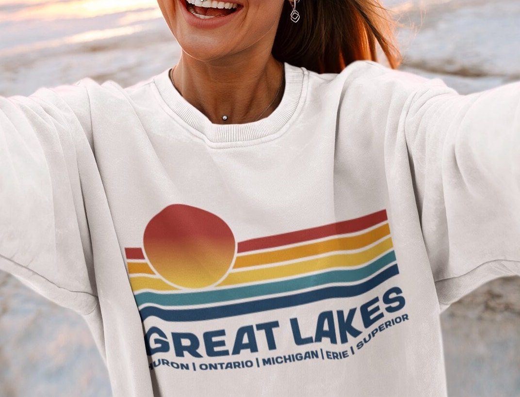 Great Lakes Retro Sunset Beach Crewneck Sweatshirt Gift Lake Michigan Erie Huron Ontrario Superior Garment Dyed Pullover Souvenir Sweatshirt – Aesthetic Look · Top Pick For Any Outfit