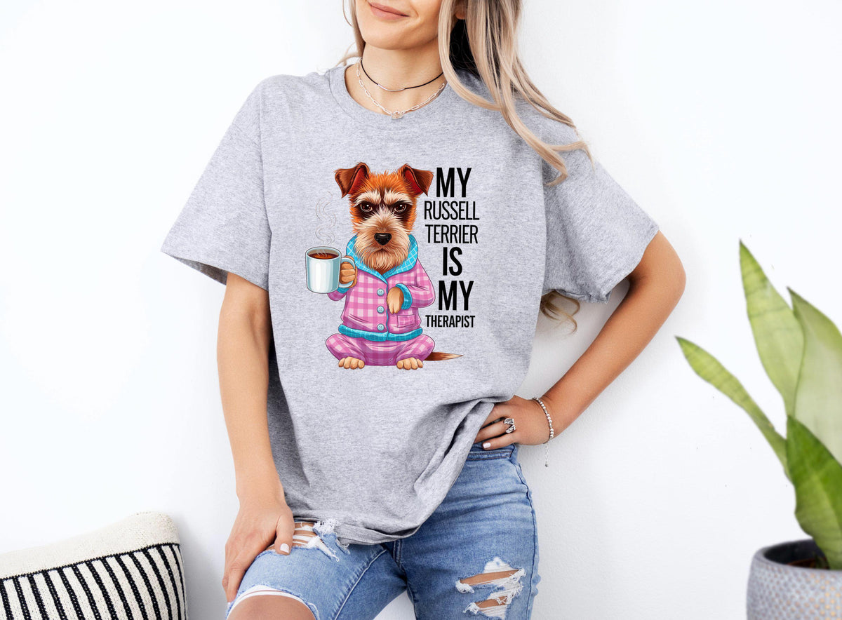 Funny Dog Therapist TShirt Russell Terrier Dog Lover Tee Cute Dog in Pajamas Xmas Birthdays Gift Any Occasions Graphic Tee – Feel-Good Design · High-Quality Print