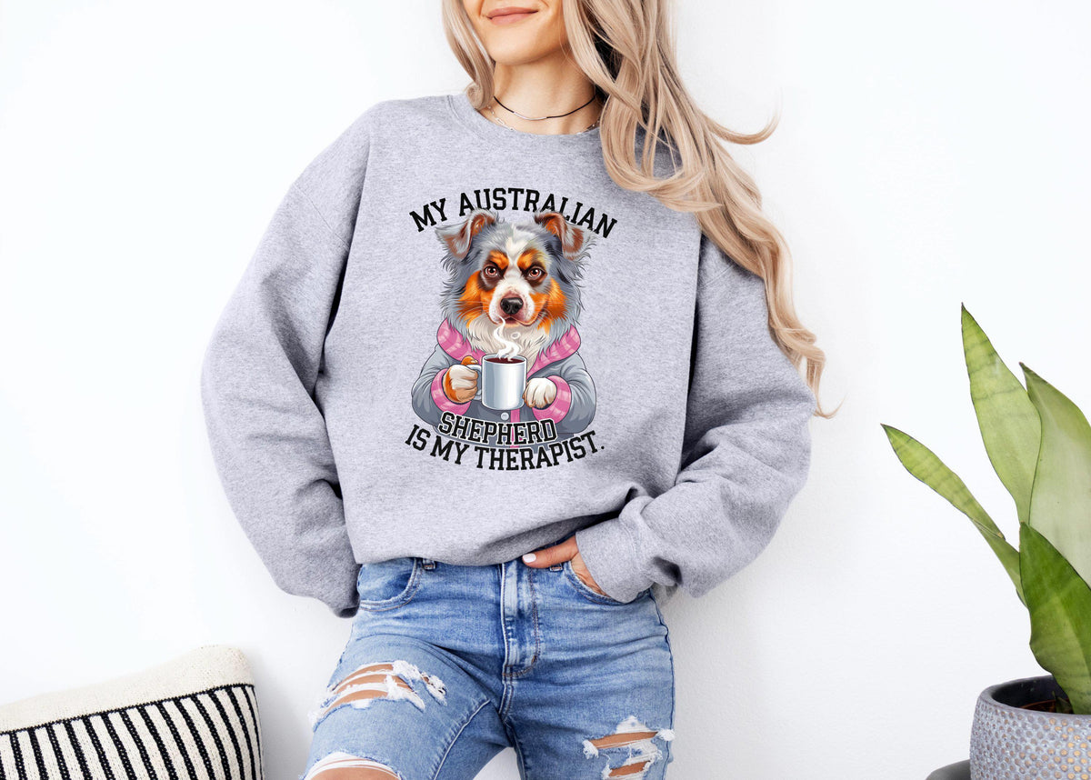 Funny Dog Therapist Sweatshirt Australian Shepherd Drinking Coffee Cute Dog Lover Gift Humorous Canine Apparel Sweatshirt – Bold Style · Must-Have Style