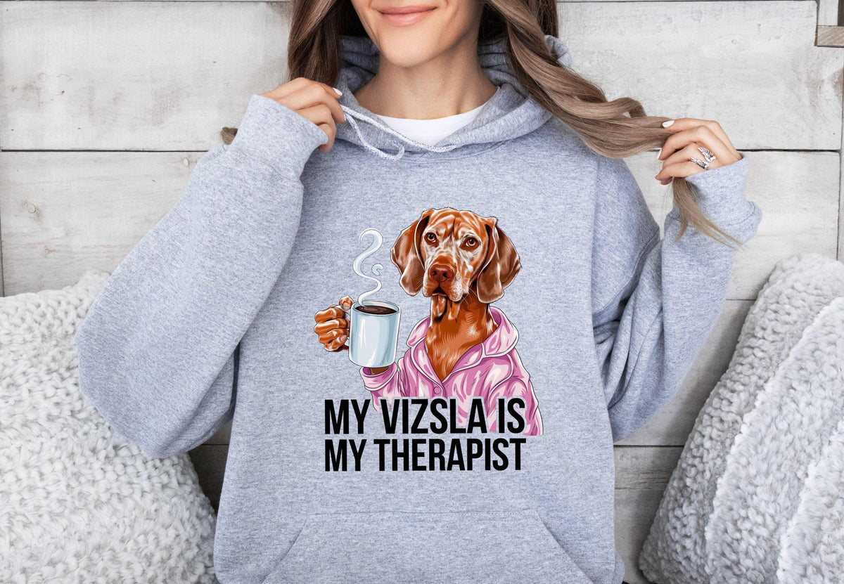 Funny Dog Therapist Unisex Hoodie Drinking Coffee Vizsla Lover Shirt Dog Owner Apparel for Men and Women Fun Gift Hoodie – Cozy Vibes · Trending Graphic Apparel