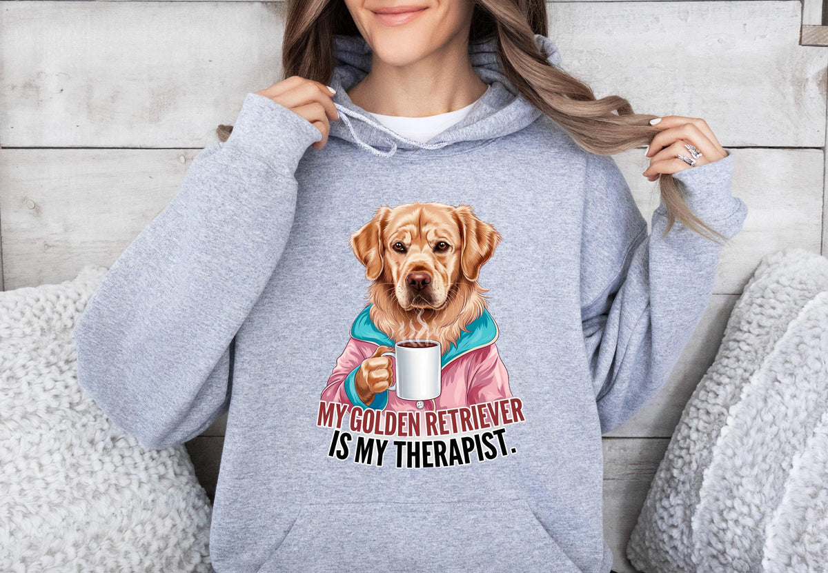Funny Dog Therapist Unisex Hoodie Golden Retriever Drinking Coffee Comfy and Stylish Hoodie Great Gift for Dog Lovers Hoodie – Aesthetic Look · Trending Graphic Apparel