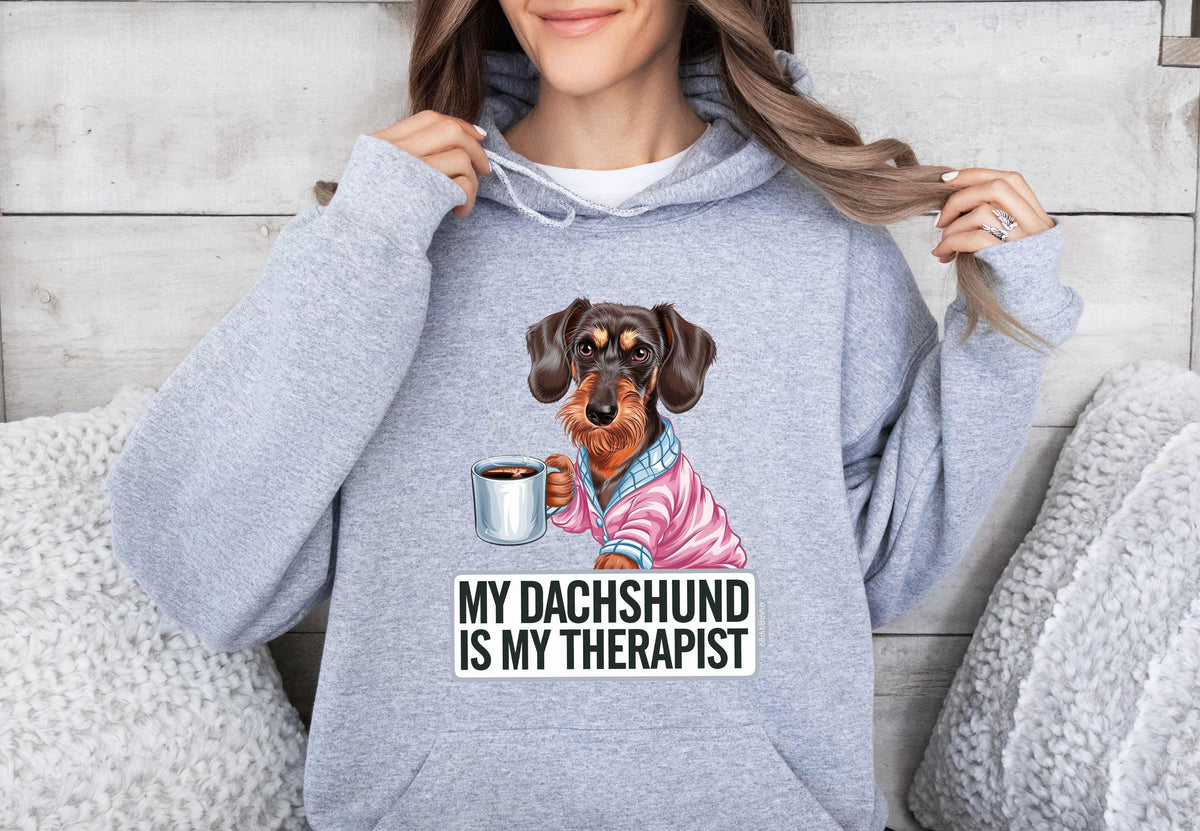 Funny Dog Therapist Unisex Hoodie Dachshund Drinking Coffee Comfortable and Cozy Hoodie Perfect Gift for Dog Lovers Hoodie – Easygoing Wear · Trending Graphic Apparel