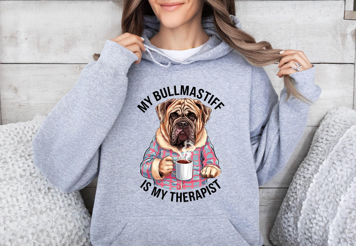 Funny Dog Therapist Unisex Hoodie Drinking Coffee My Bullmastiff Is My Therapist Hoodie Gift for Dog Lovers Women Men Hoodie – Warm & Stylish · Trending Graphic Apparel