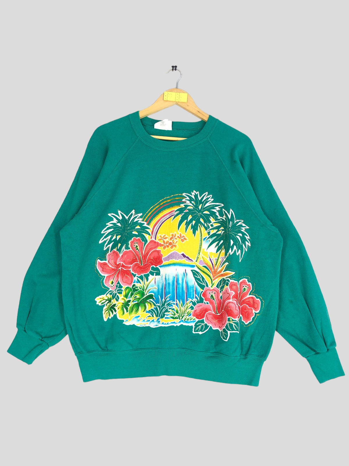 Vintage 80s Waterfall Sunset Hibiscus Flower Picture Sweatshirt Large Green Flora Design Crewneck Jumper Pullover Sweater American Nature L Sweatshirt – Aesthetic Look · Top Pick For Any Outfit