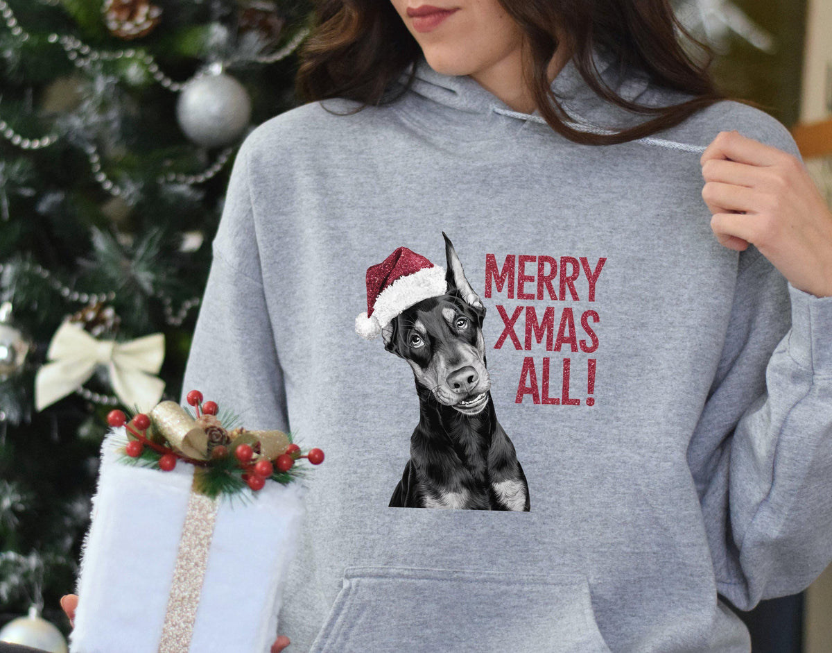 Xmas Hoodie Doberman Pinscher Dog Wearing Red Santa Hat Saying Merry Xmas All Christmas Sweater Xmas Jumper Day Holiday Dog Lover Gift Hoodie – Feel-Good Design · Perfect For Daily Wear