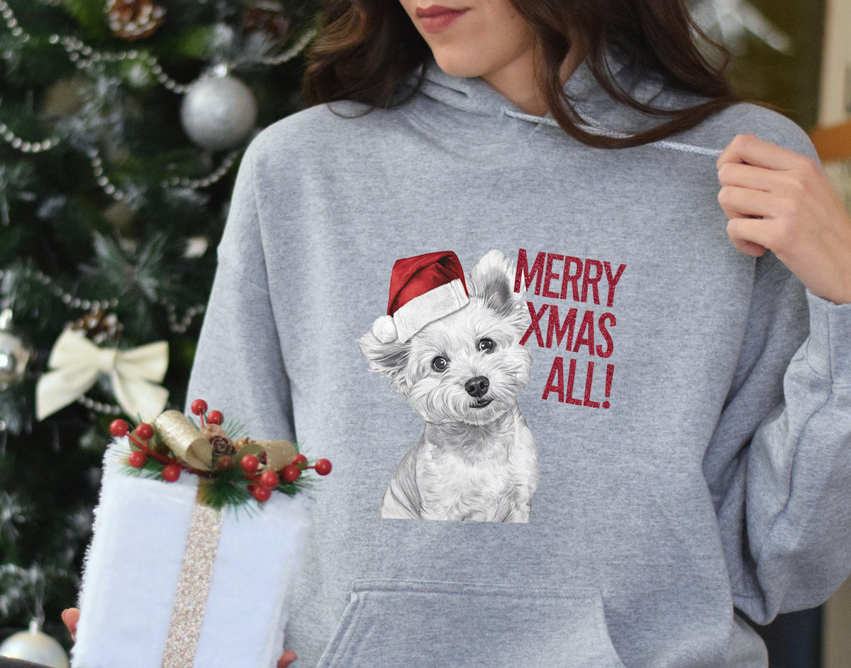 Xmas Hoodie Bichon Frise Dog Wearing Red Santa Hat Saying Merry Xmas All Xmas Jumper Day Fun Christmas Hoodie Holiday Sweater Hoodie – Aesthetic Look · Perfect For Daily Wear