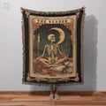 Skeleton Reader Tarot Woven Blanket Reading Nook Decor Bibliophile Present Bookish Gift Ideas Book Lover Blanket Woven Wall Hanging Graphic Tee – Warm & Stylish · Trending Graphic Apparel