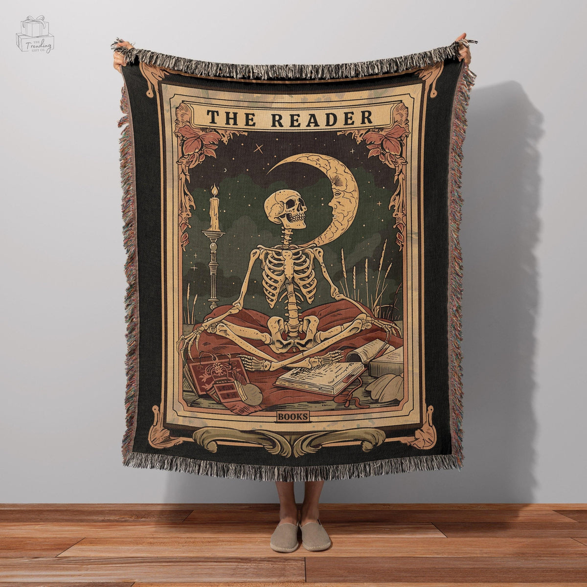 Skeleton Reader Tarot Woven Blanket Reading Nook Decor Bibliophile Present Bookish Gift Ideas Book Lover Blanket Woven Wall Hanging Graphic Tee – Warm & Stylish · Trending Graphic Apparel