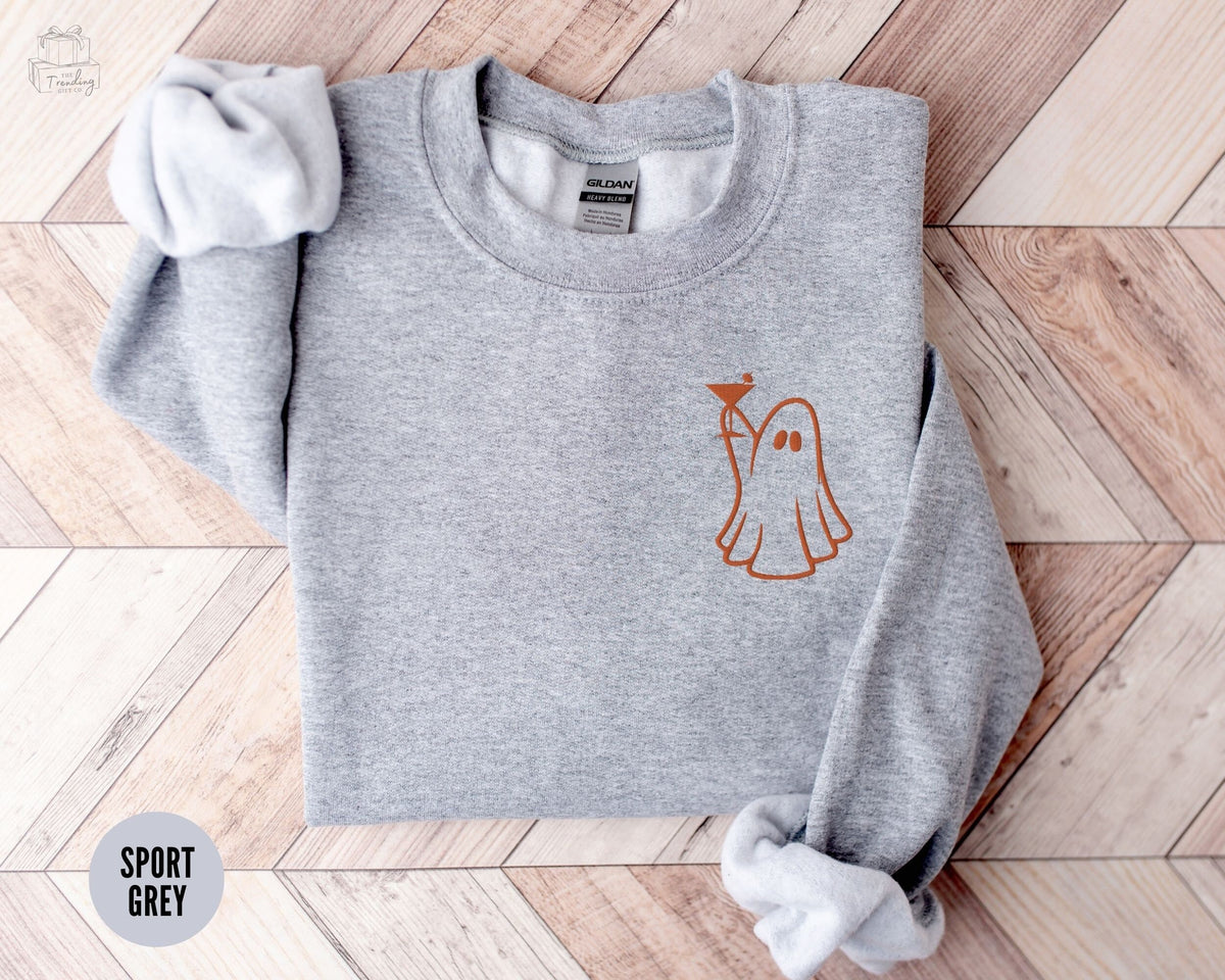 Embroidered Ghost with Martini Sweatshirt Cocktail Lover GiftHalloween Ghost SweaterLittle Ghost Cocktail Crewneck Alcoholic Gifts Sweatshirt – Fan Favorite · Perfect For Daily Wear
