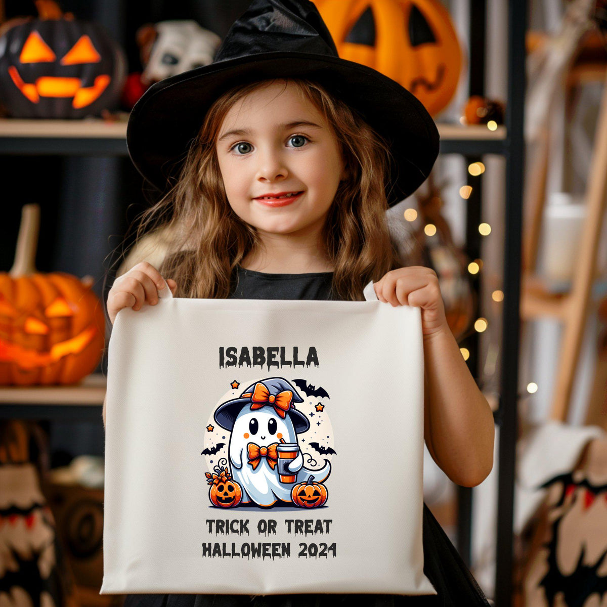 Girls Custom Personalized Halloween Tote Bag Trick or Treat Bag Cute Ghost Design with Pumpkins Bats Witch Hat Tote Bag – Easygoing Wear · Perfect For Daily Wear
