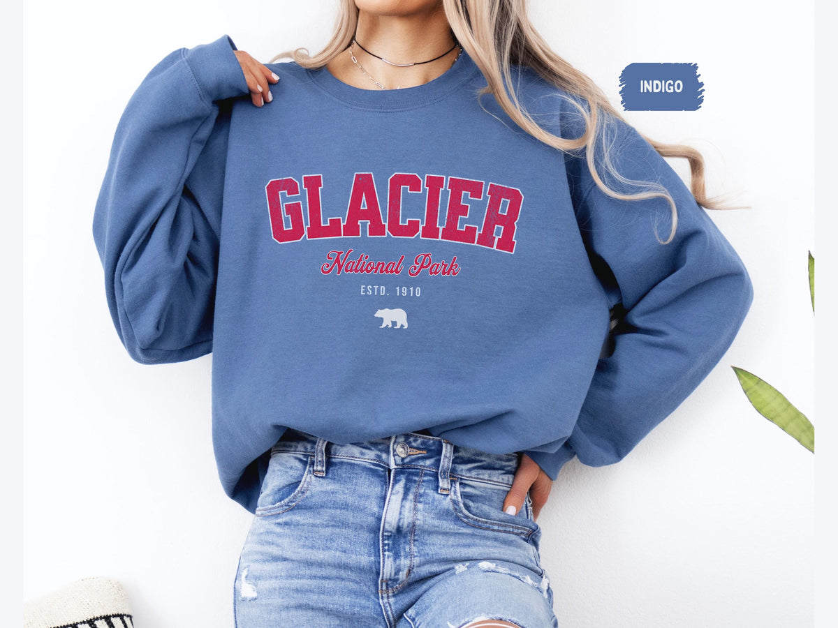 Glacier National Park Sweatshirt Montana Sweater Retro Montana National Park gift Glacier Sweat Hiking gift Glacier National Park Souvenir Sweatshirt – Bold Style · High-Quality Print