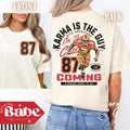 Adult Kelce 87 Unisex t shirt Karma is the guy Chiefs tee Kansas City Football Game Day KC Swift Red Friday AFC Graphic Tee – Warm & Stylish · Great Gift For Fans