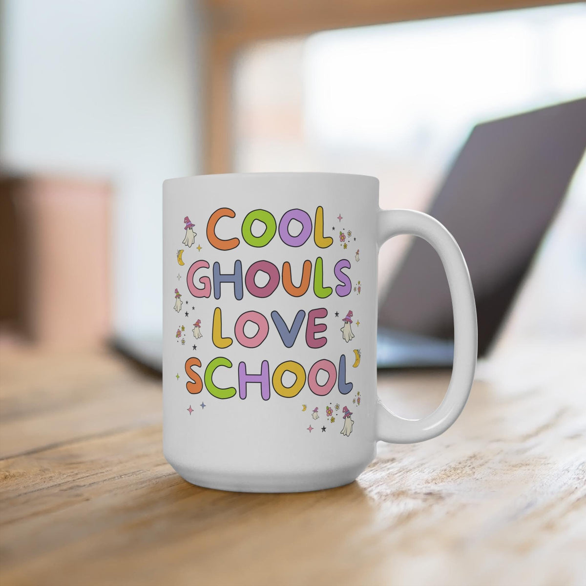 Cute Halloween Teacher Coffee Mug with Ghosts Cool Ghouls Love School Silly Kindergarten Teacher 15 Oz Mug with Stars Floral Halloween Graphic Tee – Feel-Good Design · High-Quality Print
