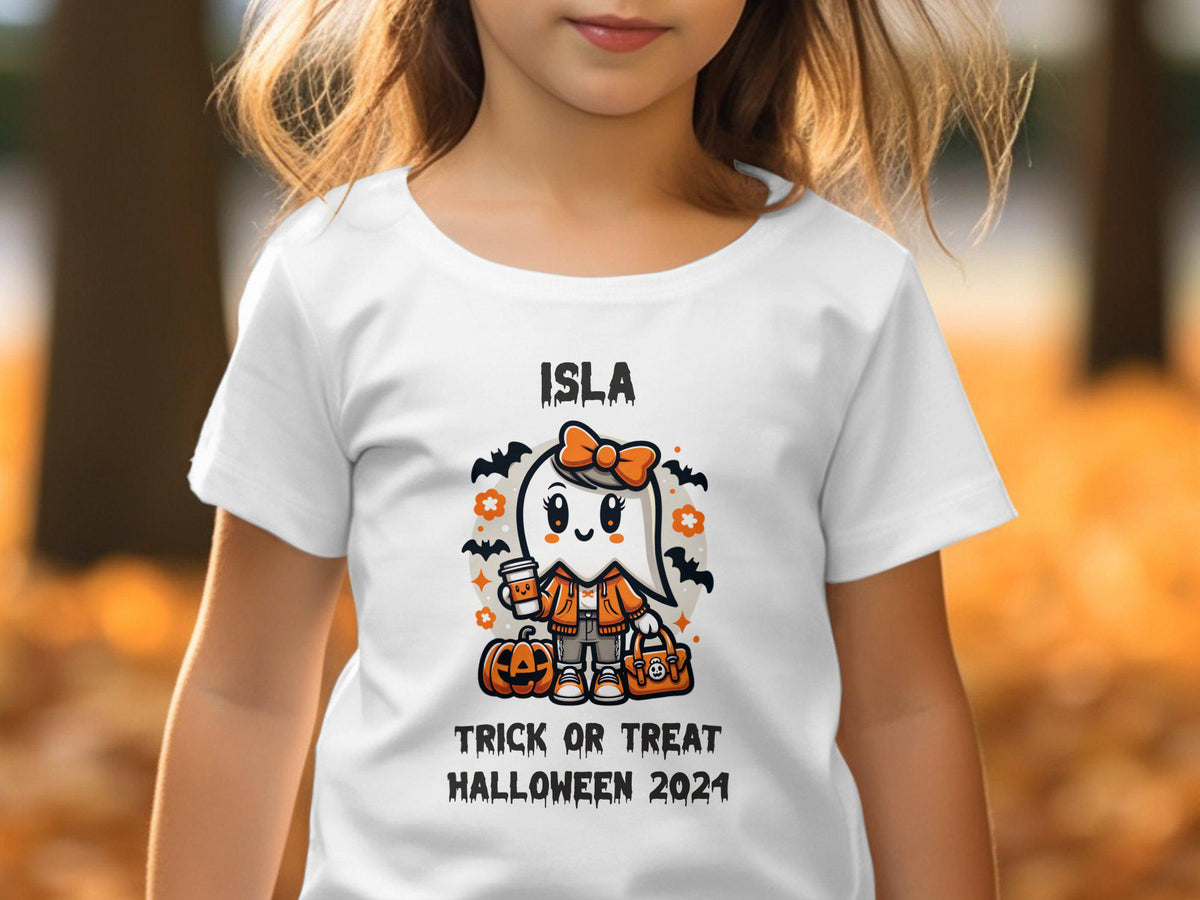 Cute Girls Personalized Halloween TShirt Ghost Costume TShirt for Girls Trick or Treat 2024 Fun Halloween Shirt Custom Name Tee Graphic Tee – Warm & Stylish · Great Gift For Fans