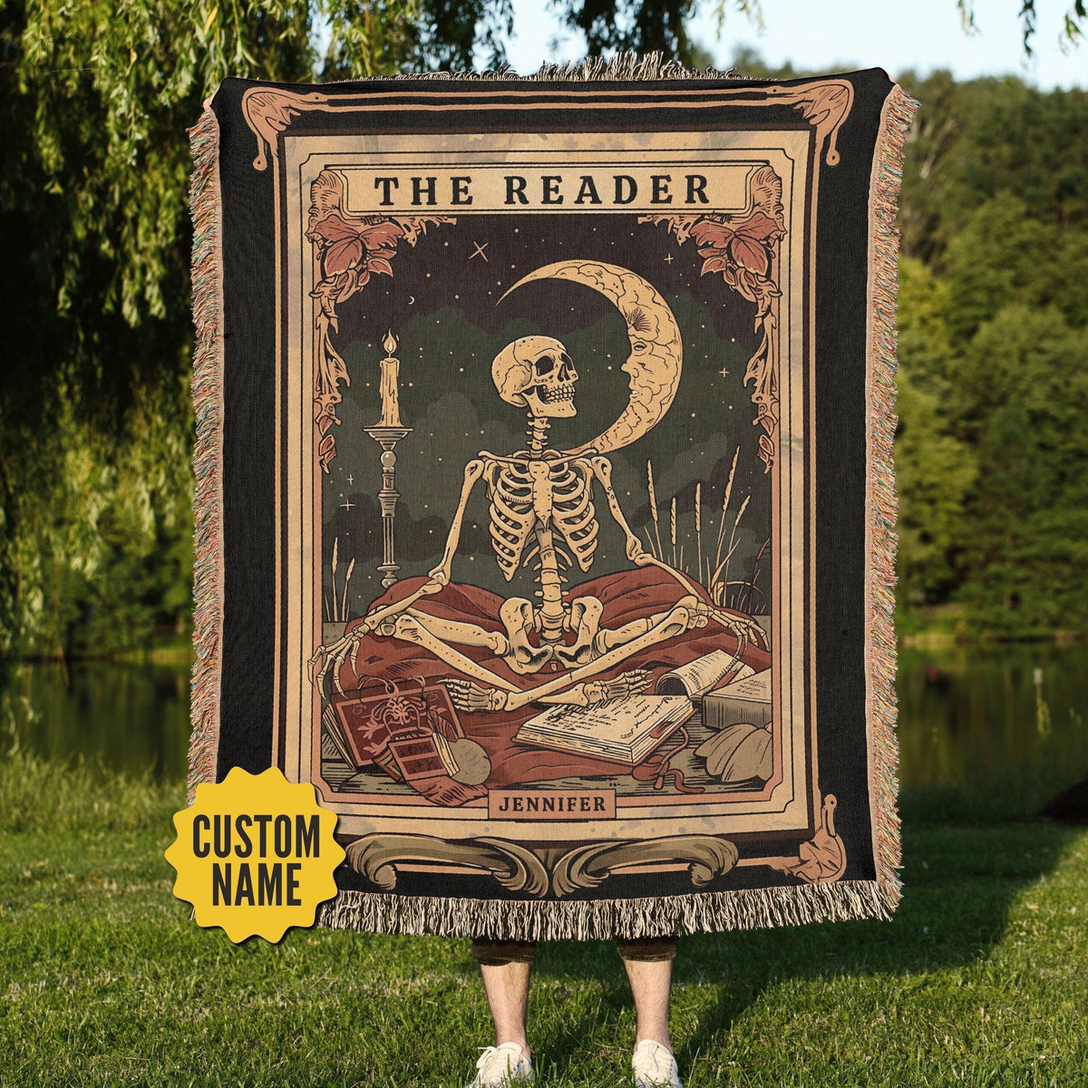 Personalized Skeleton Reader Tarot Woven Blanket Reading Nook Decor Bibliophile Bookish Gift Custom Name Tapestry for Book Lover Graphic Tee – Easygoing Wear · High-Quality Print