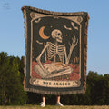 The Reader Tarot Card Blanket Skeleton Bookish Throw Book Nook Decor Woven Tapestry Bookworm Merch Book Lover Housewarming Gift Graphic Tee – Soft Feel · High-Quality Print