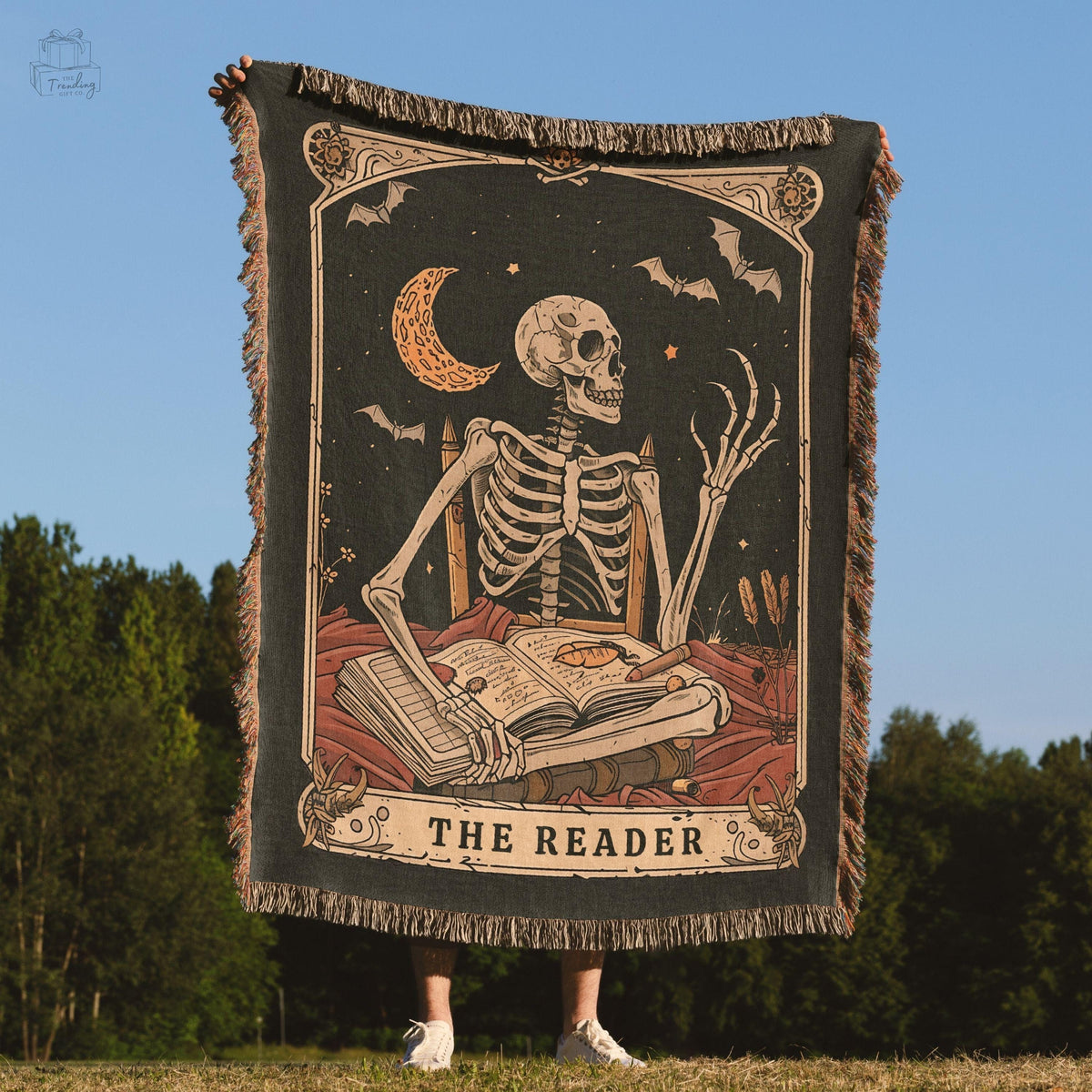 The Reader Tarot Card Blanket Skeleton Bookish Throw Book Nook Decor Woven Tapestry Bookworm Merch Book Lover Housewarming Gift Graphic Tee – Soft Feel · High-Quality Print