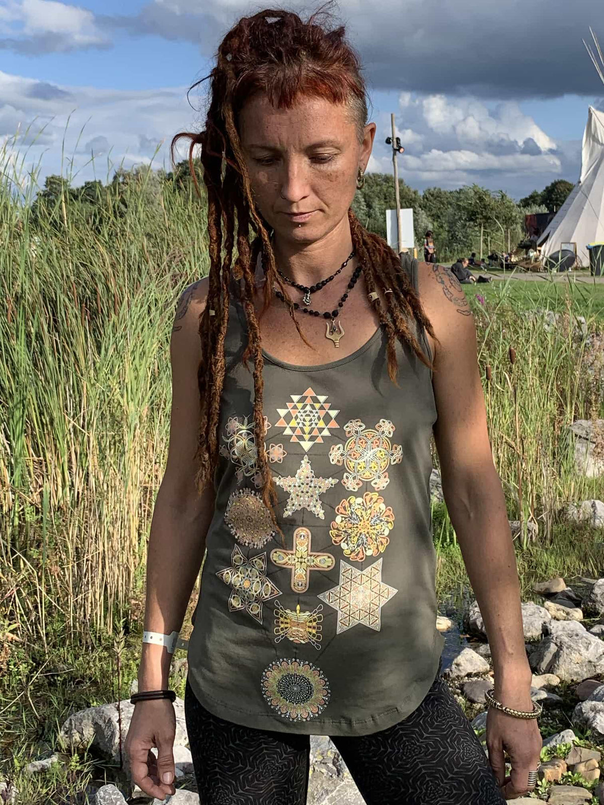Sacred Geometry Tank Music Festival Top Burning Man Tree of Life Clothes for Yoga UV active shirt Kabbalah Inspired Top Khaki Tank Top – Easygoing Wear · Top Pick For Any Outfit