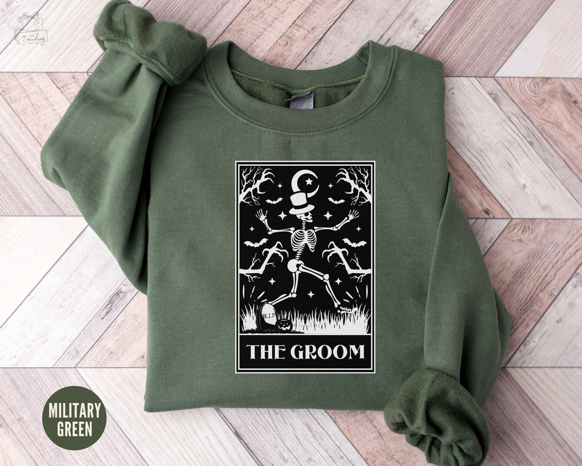 Halloween Groom Sweatshirts Bride Groom Tarot Card Shirt Mr and Mrs Goth Wedding Gift Spooky Couple Halloween Costume Matching Crewneck Sweatshirt – Soft Feel · Great Gift For Fans