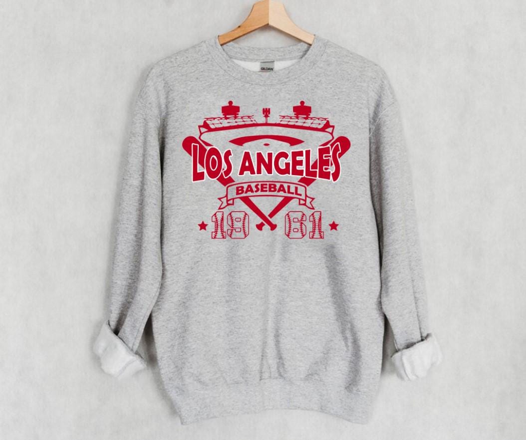 Los Angeles Baseball Red Vintage Stadium With Est Number 1961 Sweatshirt LA Baseball Team Retro Hoodie Baseball Mom Shirt Gameday Shirt Hoodie – Bold Style · Trending Graphic Apparel