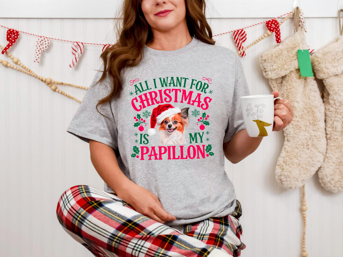 All I Want Xmas TShirt For Dog Lovers Papillon Christmas Shirt Xmas Tee for Dog Lovers Cute Papillon Xmas TShirt Graphic Tee – Easygoing Wear · Must-Have Style