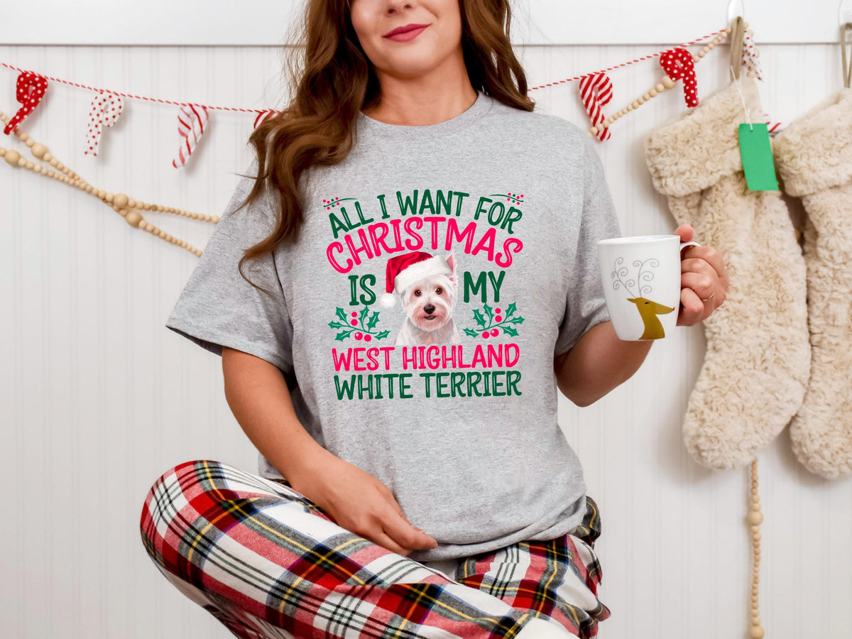 Xmas TShirt for Dog Lovers Xmas Tee Christmas Shirt West Highland White Terrier Holiday Gift Cute Dog Themed Top Graphic Tee – Cozy Vibes · High-Quality Print