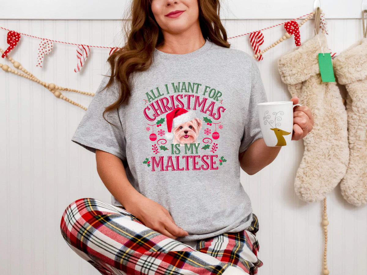 Xmas TShirt for Dog Lovers Xmas Tee Christmas Shirt Cute Maltese Holiday Design Unisex Christmas Top Festive Pet Lover Apparel Graphic Tee – Bold Style · Trending Graphic Apparel