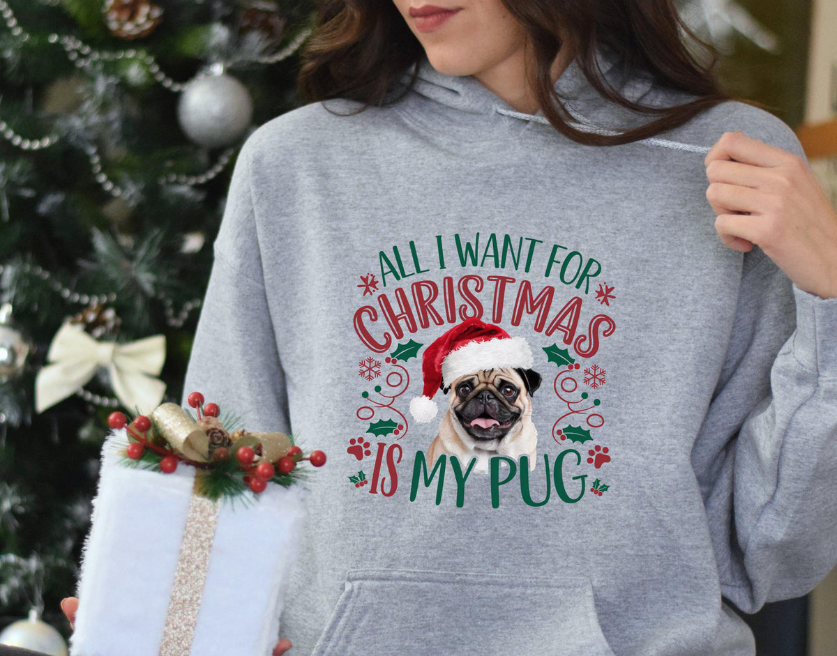 Xmas Hoodie Christmas Hoody for Dog Lover Dog Gifts All I Want for Christmas Is My Pug Funny Holiday Sweatshirt Hoodie – Fan Favorite · Trending Graphic Apparel