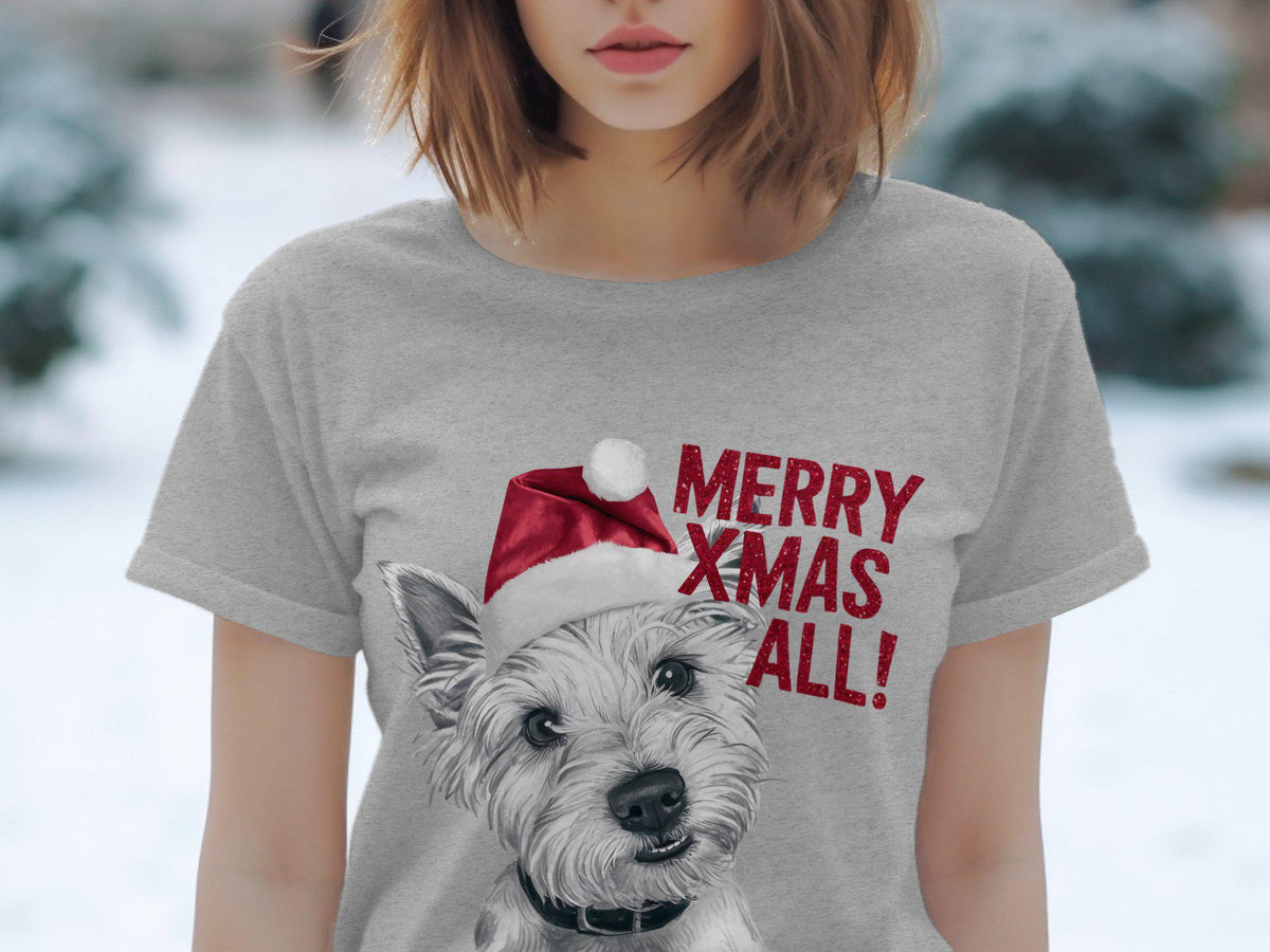 Xmas TShirt Christmas T Shirt West Highland White Terrier Dog Santa Hat Dog Lover Gifts Pet Christmas Shirt Holiday Season Xmas TShirt Graphic Tee – Bold Style · High-Quality Print